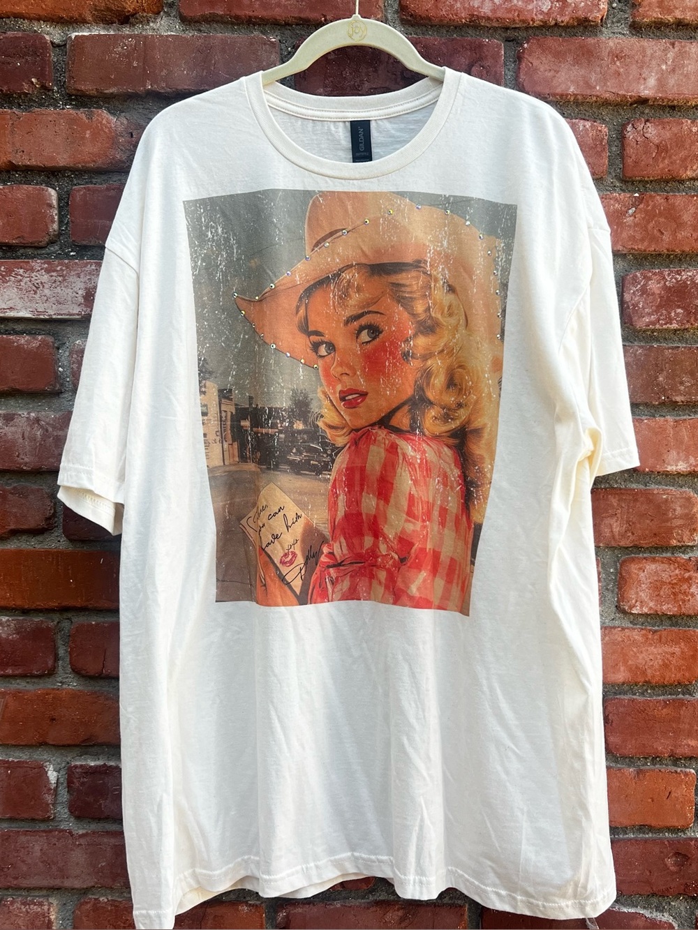 Boho Cowgirl Photo Print Tee - Cream with Red Plaid Dolly Parton